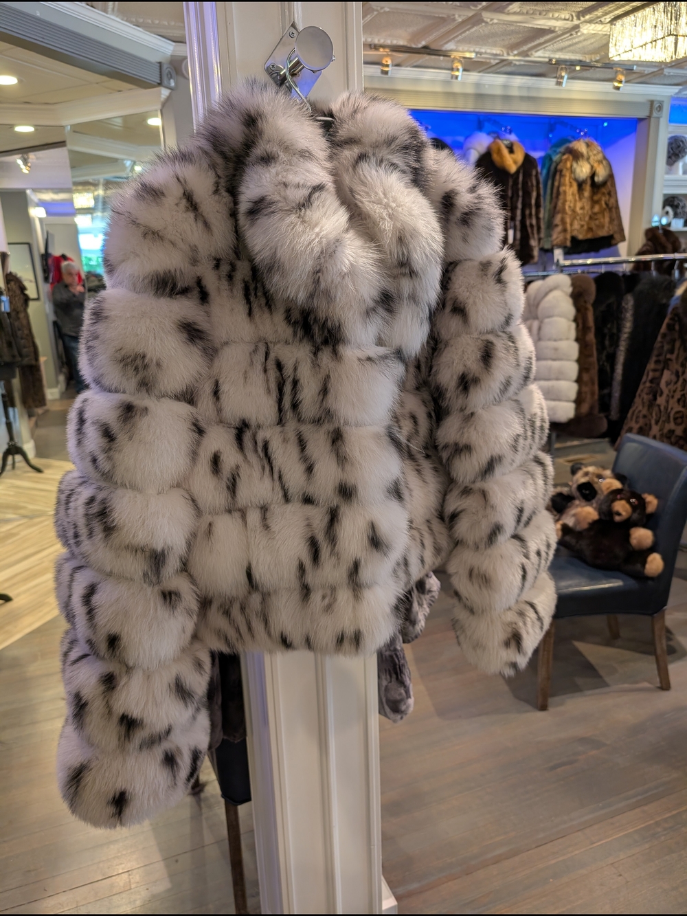 Luxury White & Black Spotted Real  Fox Fur  Jacket